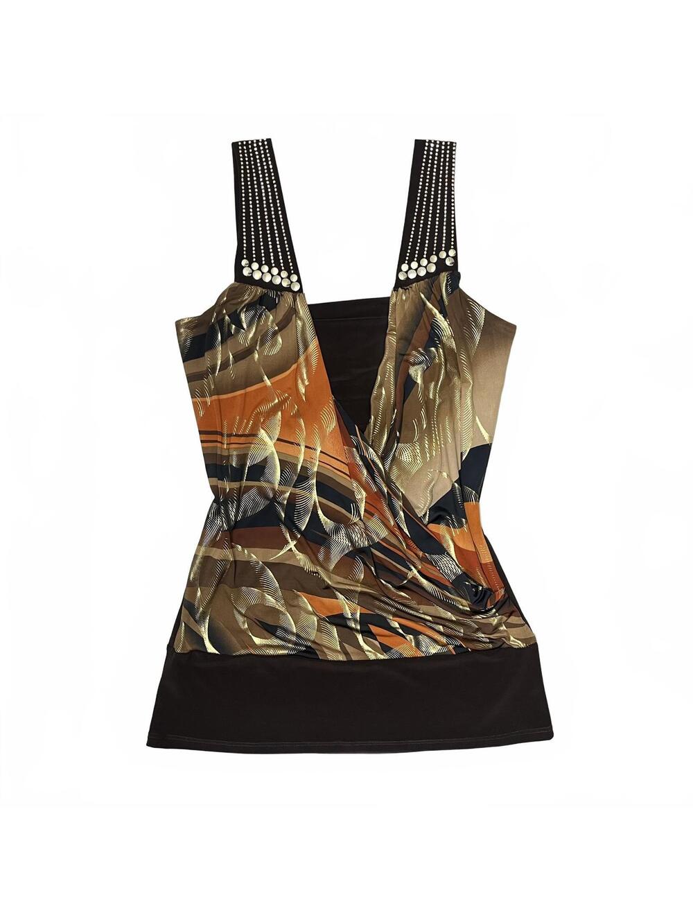 Vintage Gidani USA Brown Orange Draped Going Out Top Bedazzled Straps Sz L 2000s